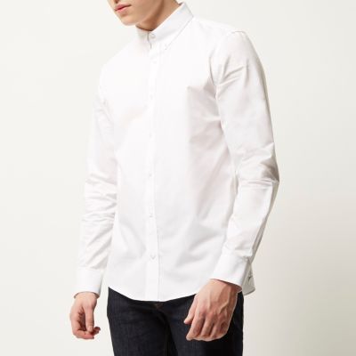 White twill button collar slim fit shirt